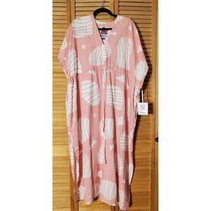 NWT Lesley Evers Tegan Caftan Woodpile Midi Dress Medium Pink Blush & White
